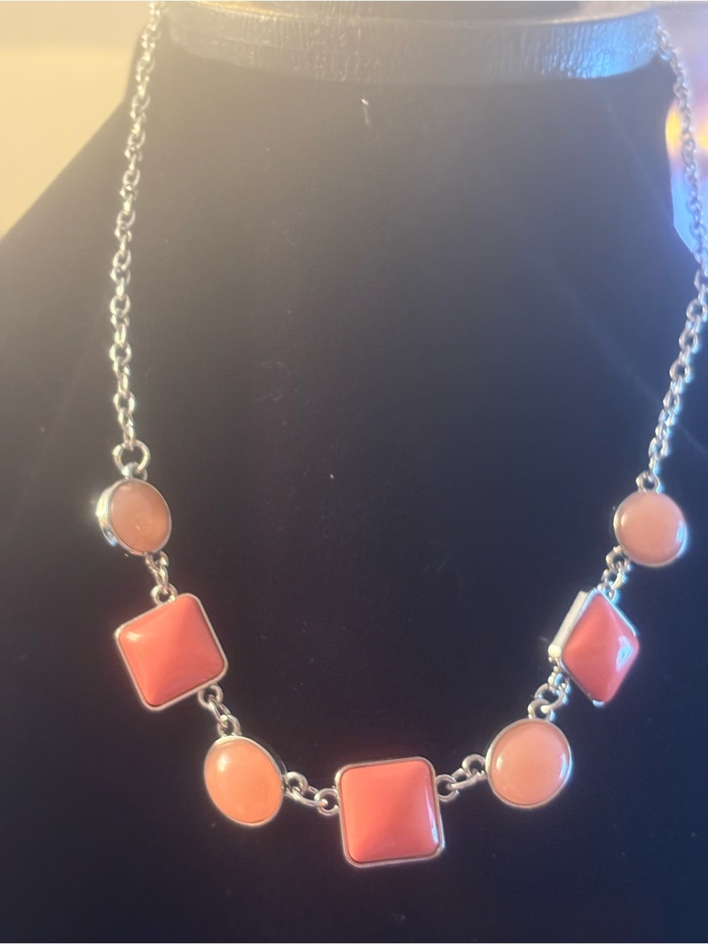 Coral Pink Stone Link Necklace - Silver-Tone